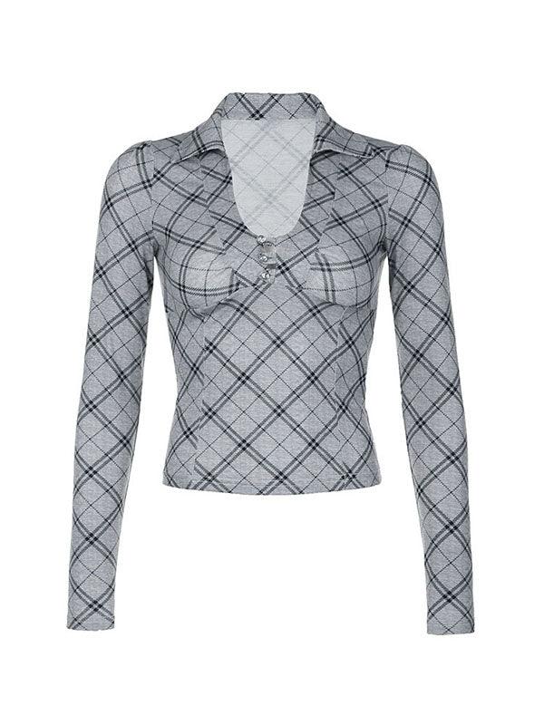 Argyle Print V Neck Diamond Button Long Sleeve Tee - AnotherChill