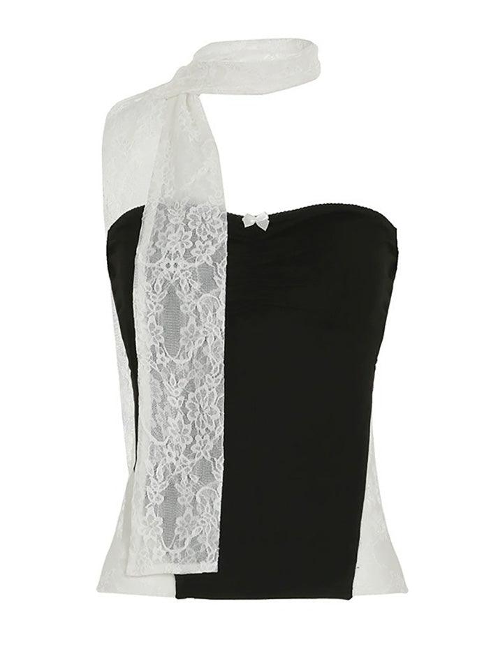 Lace Scarf Contrast Bow Ruched Bandeau Top