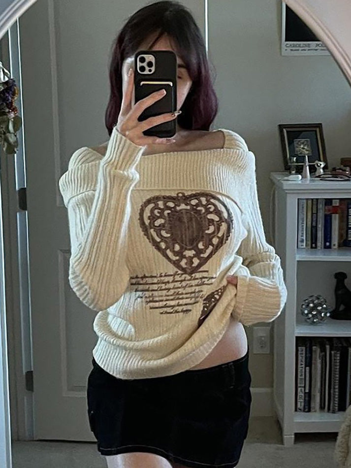 Vintage Print Irregular Neck Sweater