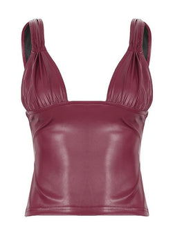 U-Neck Ruched Faux Leather Tank Top