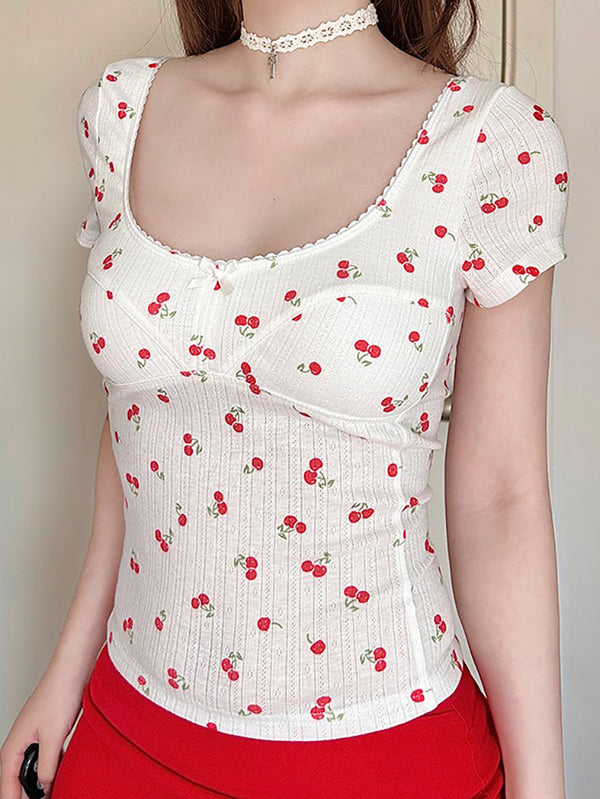 Cherry Print Bow U-Neck Crop Top