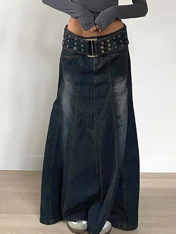 Vintage Eyelet Belt A-Line Denim Skirt