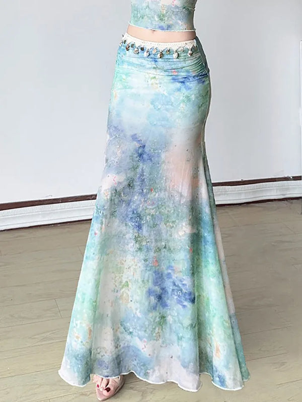 Tie-Dye Low-Waist Ruched Slim Maxi Skirt