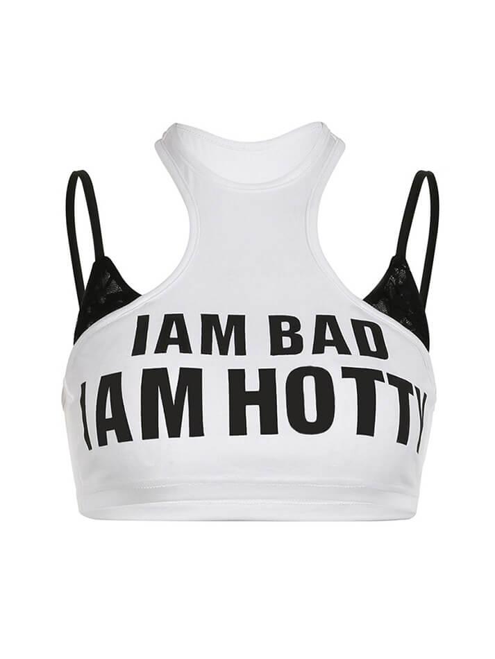 Letter Printed Fake Two Piece Cami Tank Top - AnotherChill