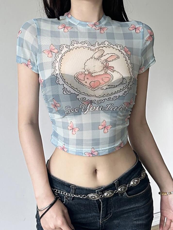 Rabbit & Lettering Print Mesh See-Through Crop Top - AnotherChill