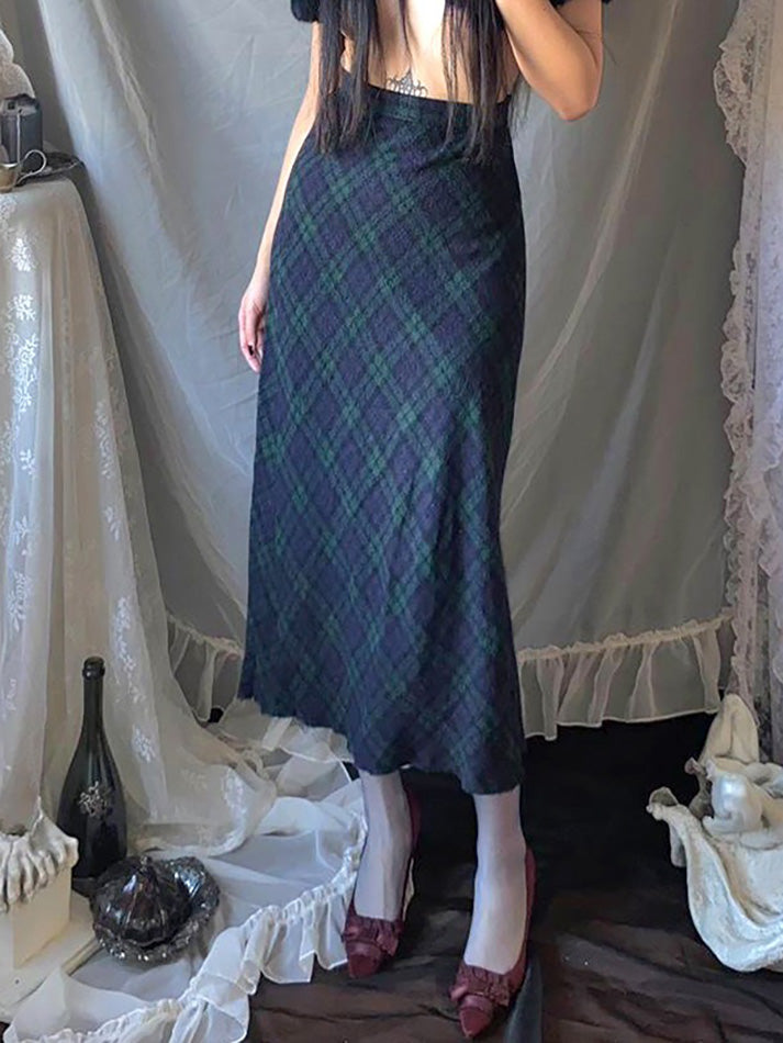 Vintage Plaid High-Waisted Midi Skirt