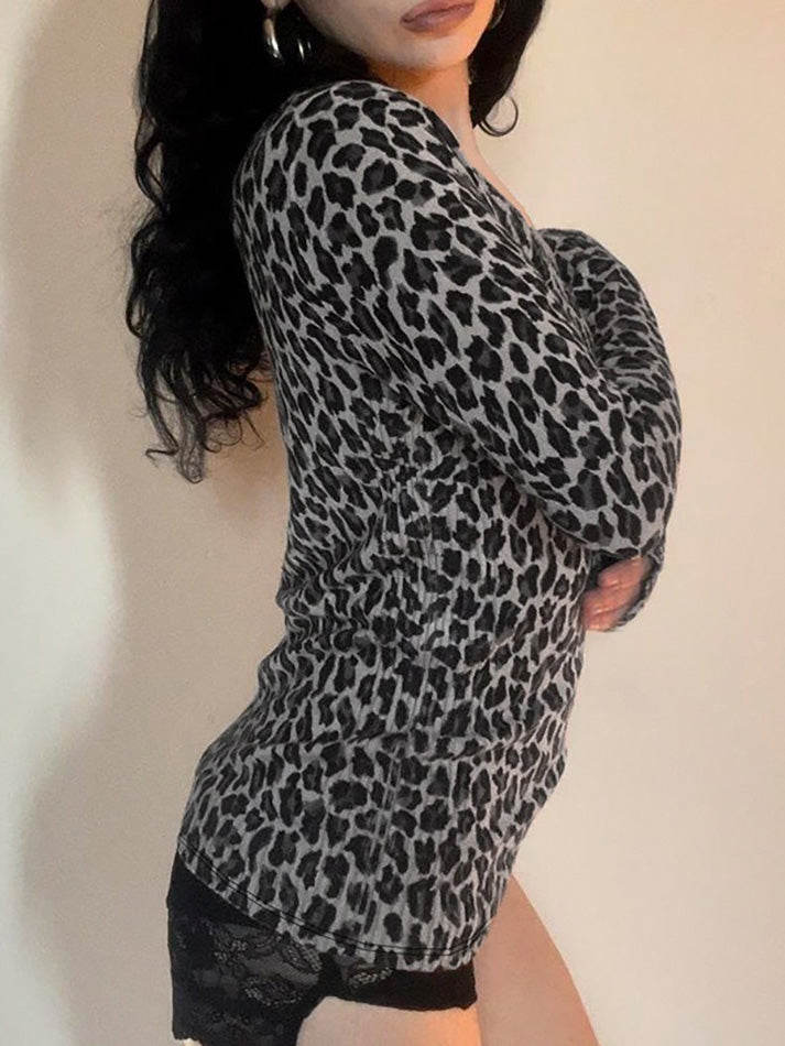 Lace Leopard Print V-Neck Fitted Long Sleeve Top