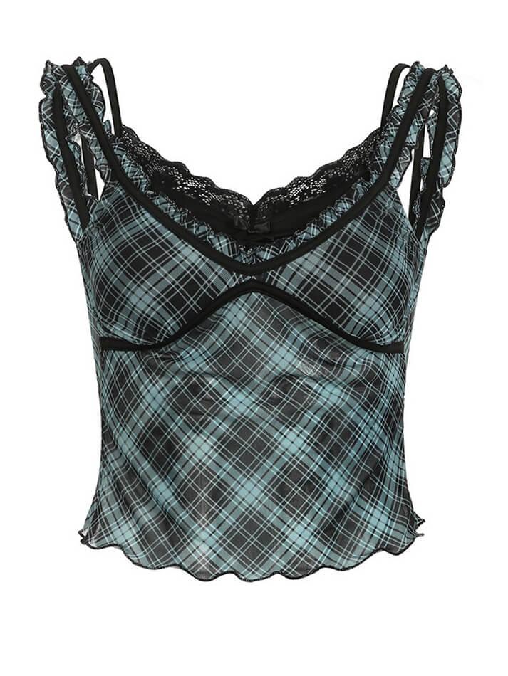 Mock Two Piece Ruffled-Trim Plaid Mesh See-Through Tank Top - AnotherChill