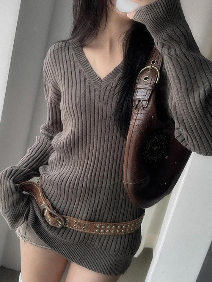 Vintage V-Neck Striped Long Sleeve Sweater