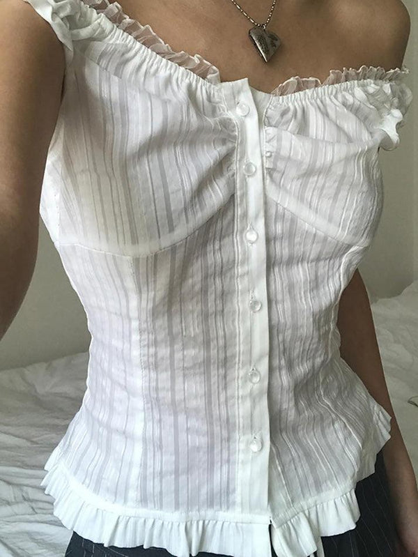 Ruffled-Trim Lace Panel Plain Button-Up Camisole Top - AnotherChill