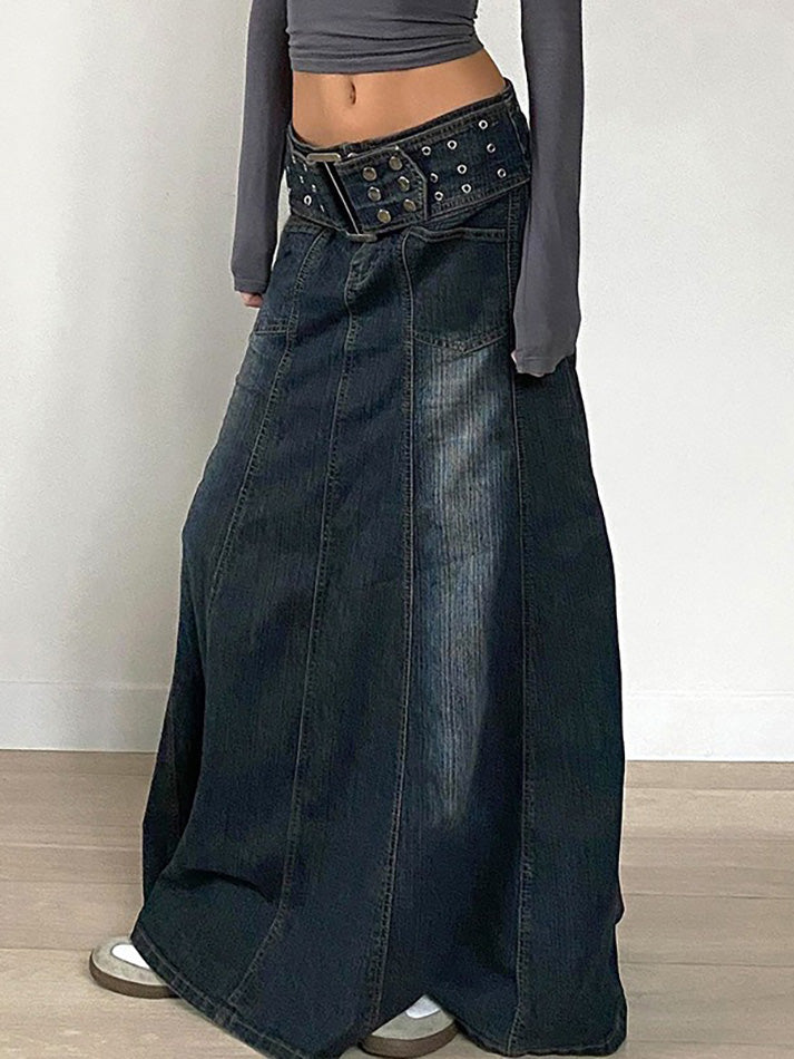 Vintage Eyelet Belt A-Line Denim Skirt