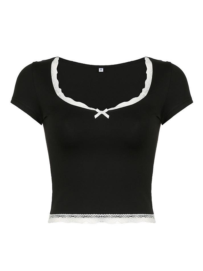 Bow Accent Lace-Trim Plain Slim-Fit Crop Top - AnotherChill