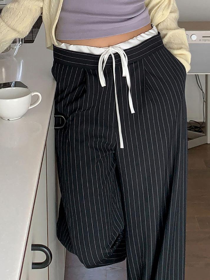 Patchwork Stripe Contrast Color Wide Leg Pants - AnotherChill