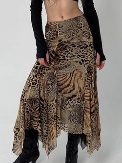 Vintage Leopard Print Asymmetrical Hem Midi Skirt