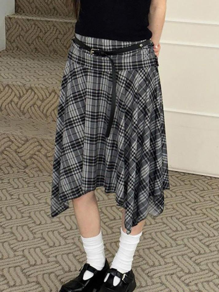 Low Rise Plaid Asymmetric-Hem Midi A-Line Skirt