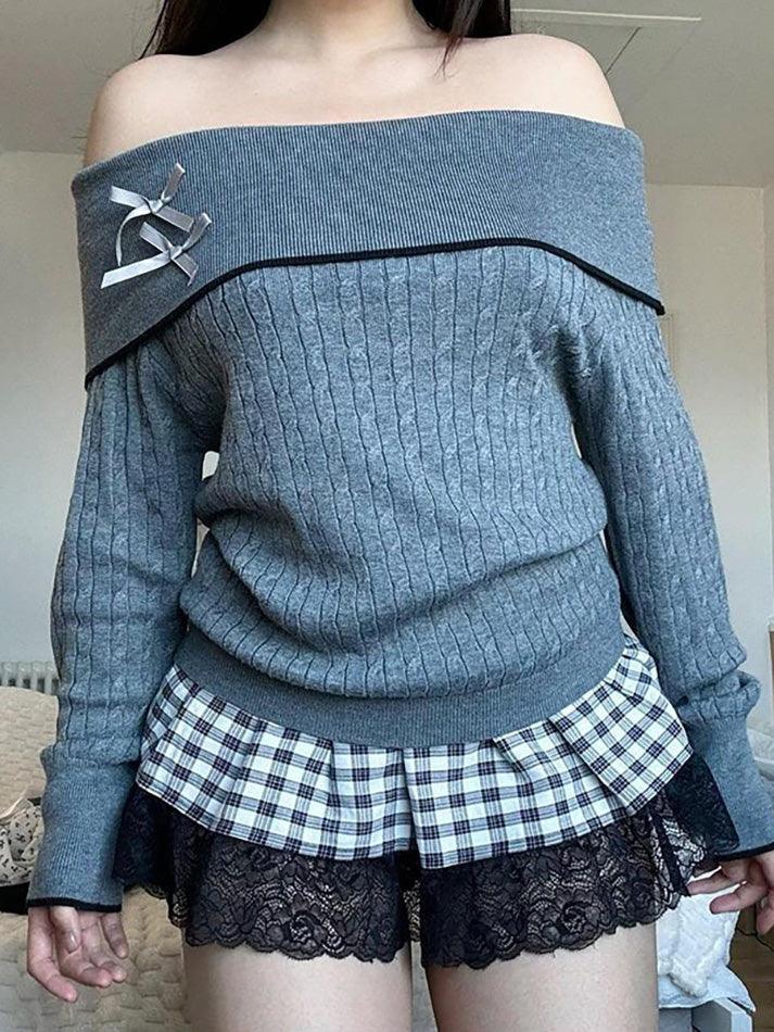 Bow Patchwork Off Shoulder Cable Knit Sweater