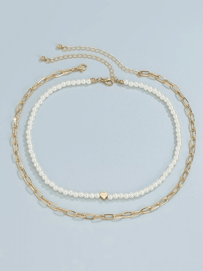 2Pcs Heart Faux Pearl Necklace - AnotherChill