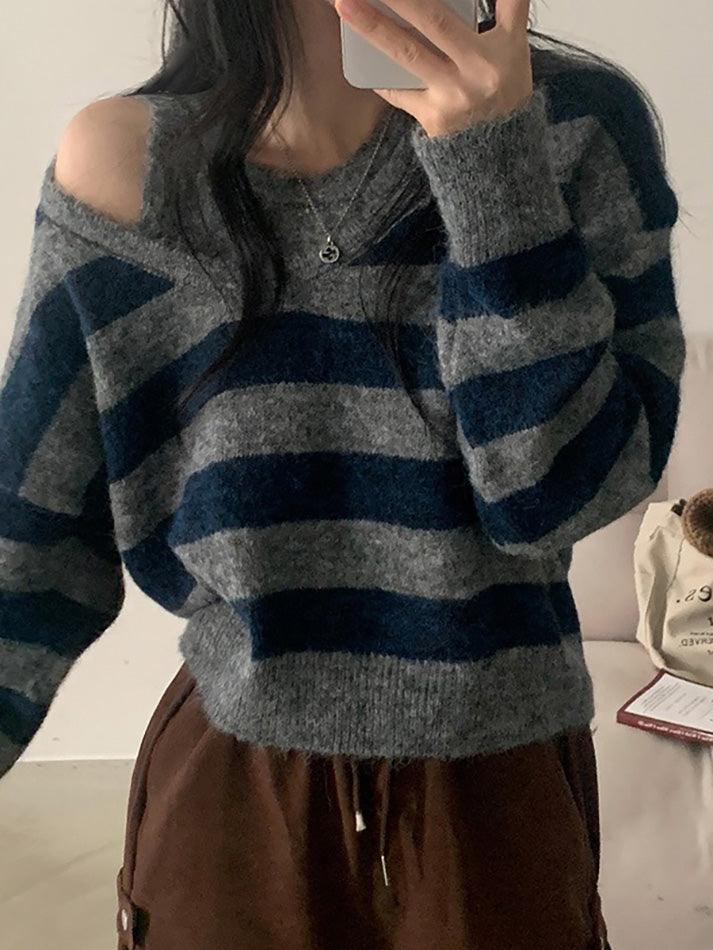 Contrast Striped Patchwork Fake Two-Piece Sweater