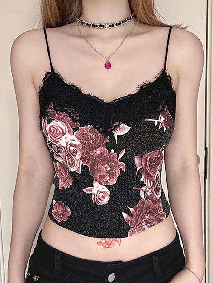 Black Lace Rose Print V-Neck Cami Top