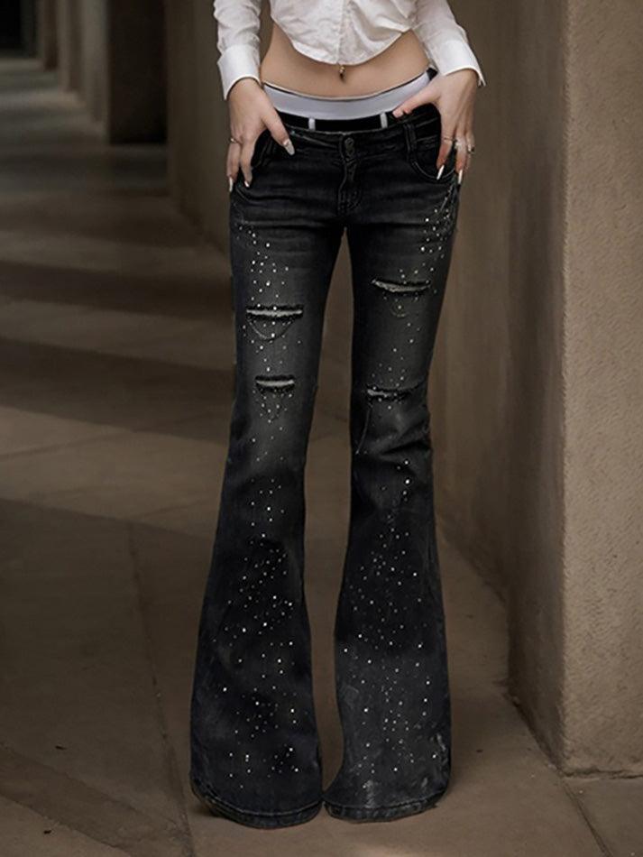 Rhinestone Ripped Low-Rise Flared Jeans