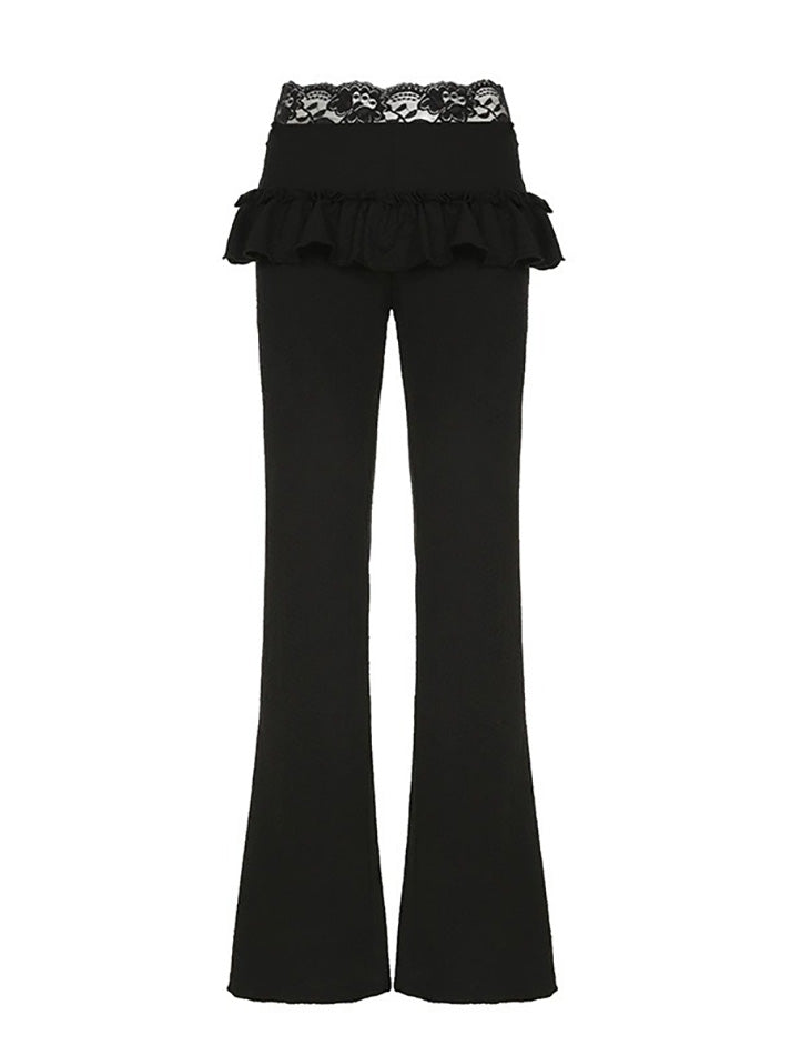 Textured Lace Panel Ruffle Flared Pants