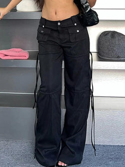 Low Waist Pocket Ribbon Splice Cargo Pants - AnotherChill