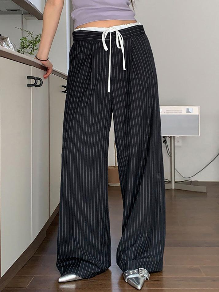 Patchwork Stripe Contrast Color Wide Leg Pants - AnotherChill