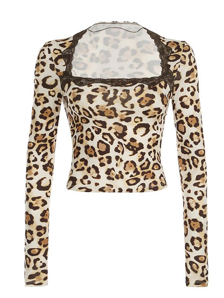 Leopard Print Lace Long Sleeve Top