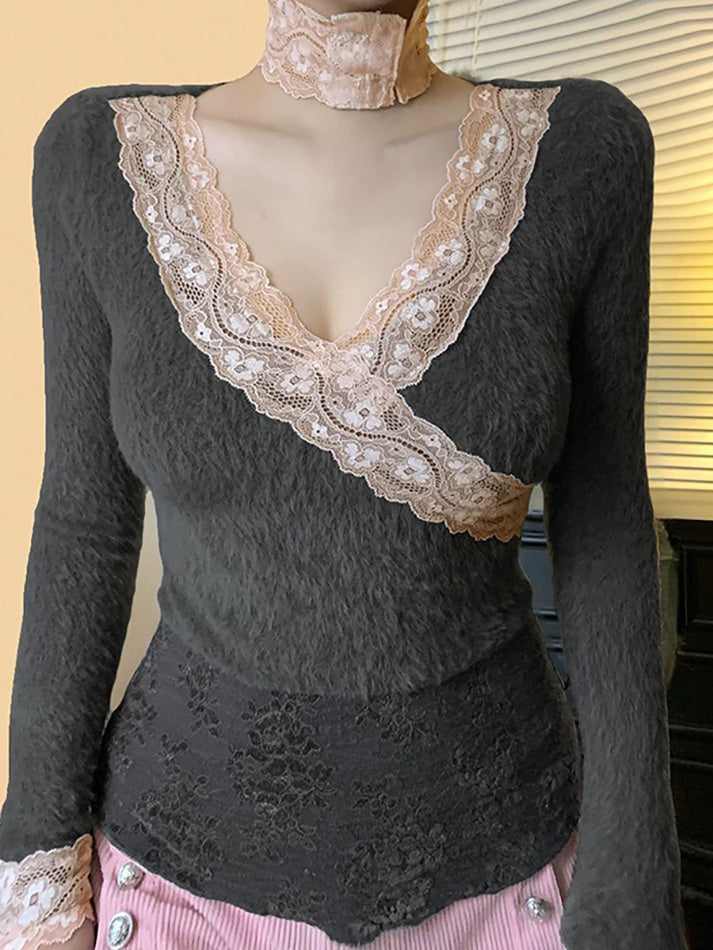 Lace Contrast V-Neck Long Sleeve Top