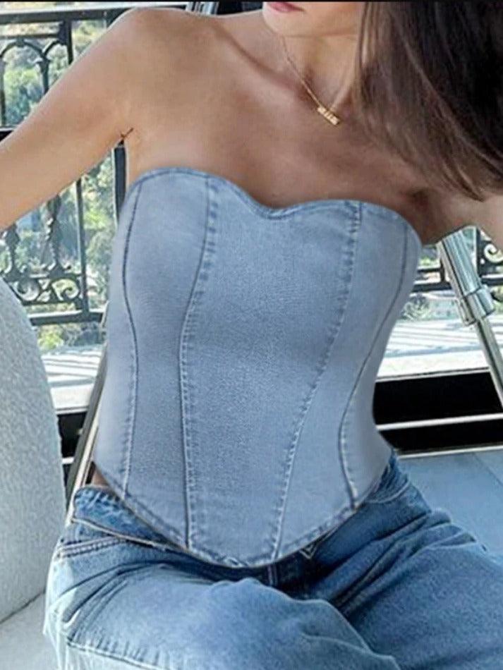 Vintage Denim Irregular Hem Corset Bandeau Top - AnotherChill