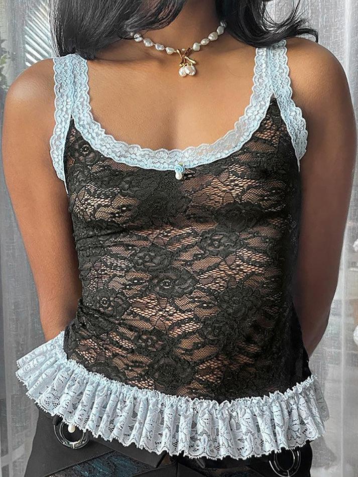 Lace Trim Patchwork Sheer Mesh Cami Top