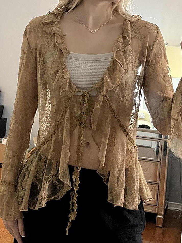 Lace Front Tie Bell Long-Sleeve Blouse