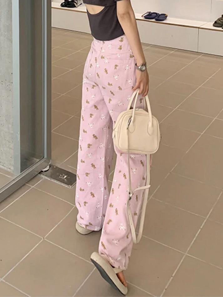 Pink Bear Print Boyfriend Jeans - AnotherChill