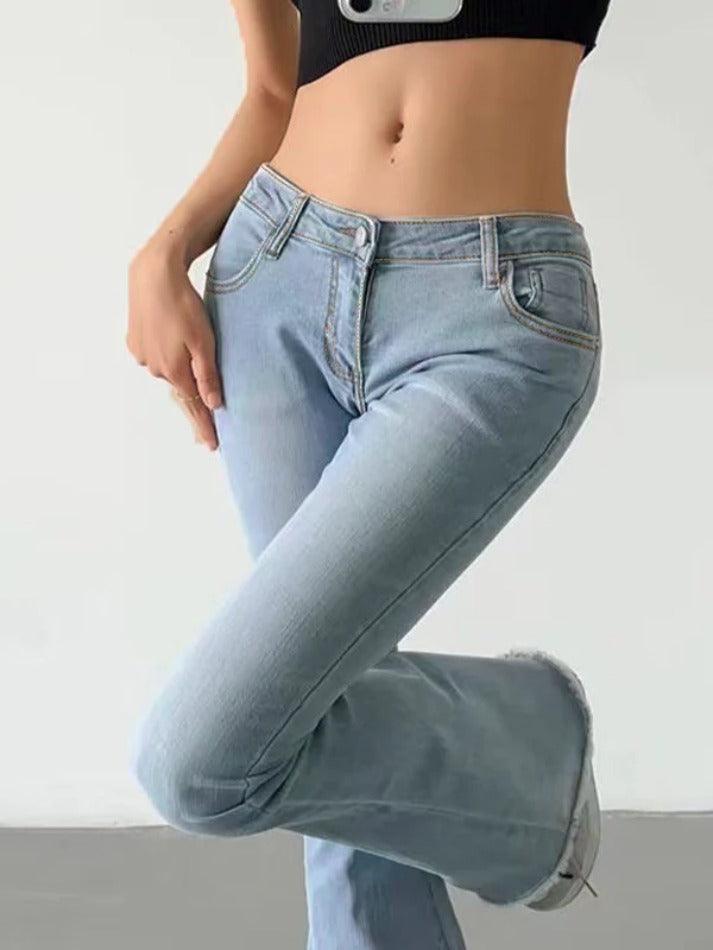 Washed Low Waist Stretchy Mopping Flare Jeans - AnotherChill