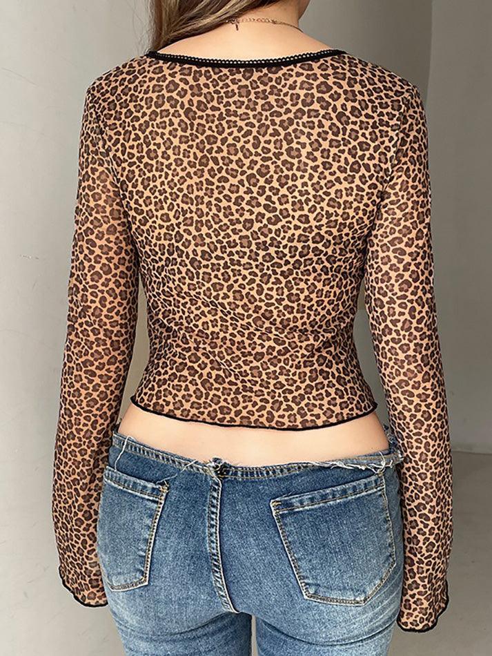 Lace Leopard Print Tie Mesh Long Sleeve Top