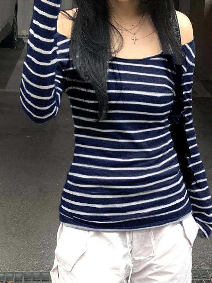 Striped One Shoulder Long Sleeve Tee