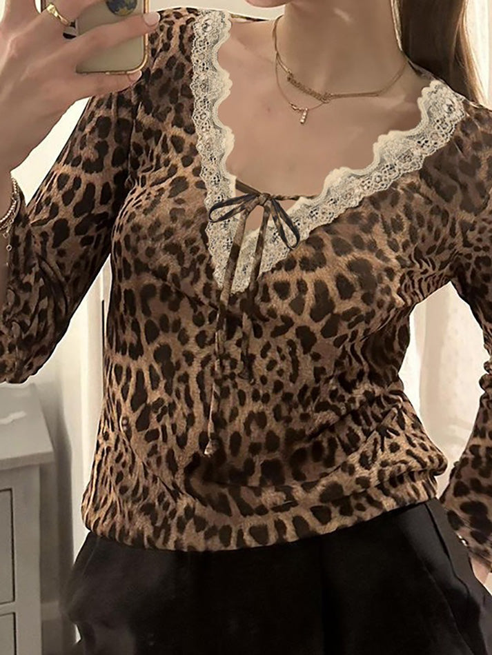 Vintage Leopard Print Lace Trim Bow Crop Top