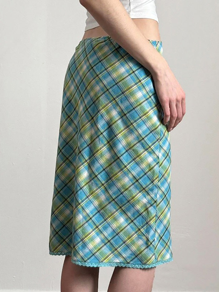 Vintage Lace Trim Contrast Plaid Midi Skirt