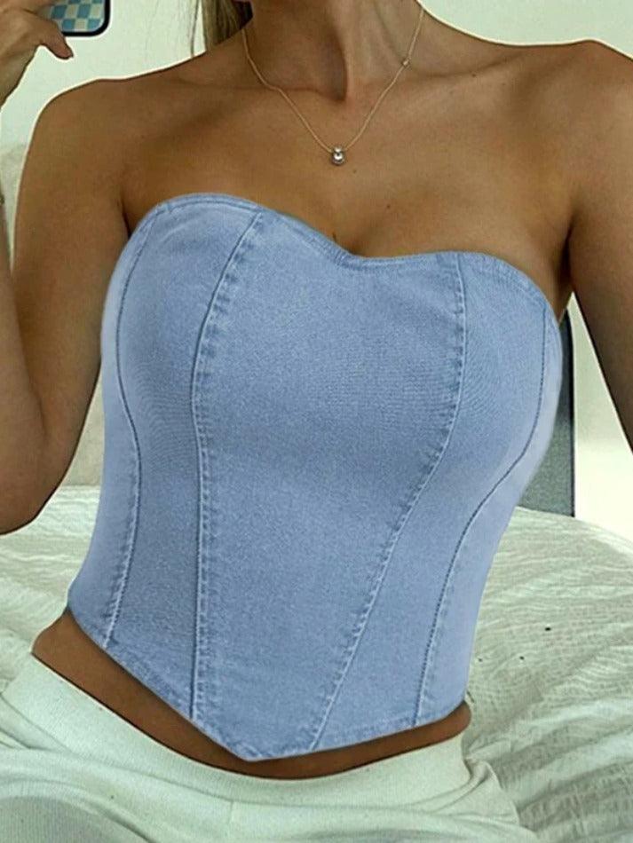 Vintage Denim Irregular Hem Corset Bandeau Top - AnotherChill