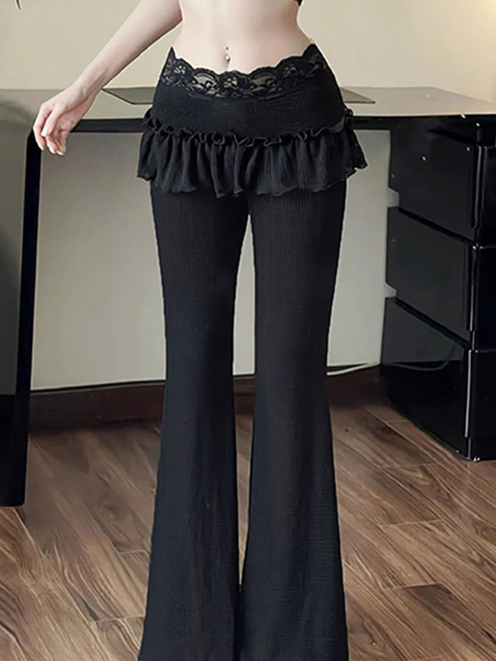 Textured Lace Panel Ruffle Flared Pants