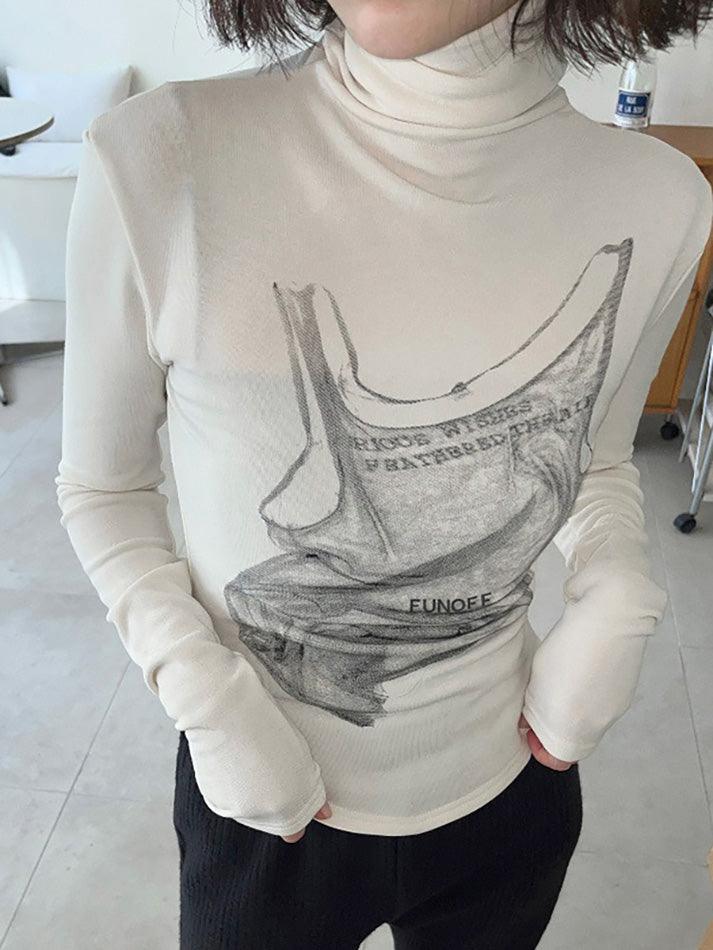 Turtleneck Graphic Print Knit Top