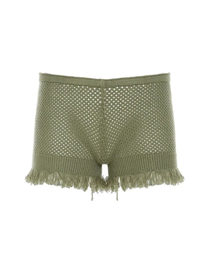 Y2K Hollow Out Fringe Knit Low Waist Shorts