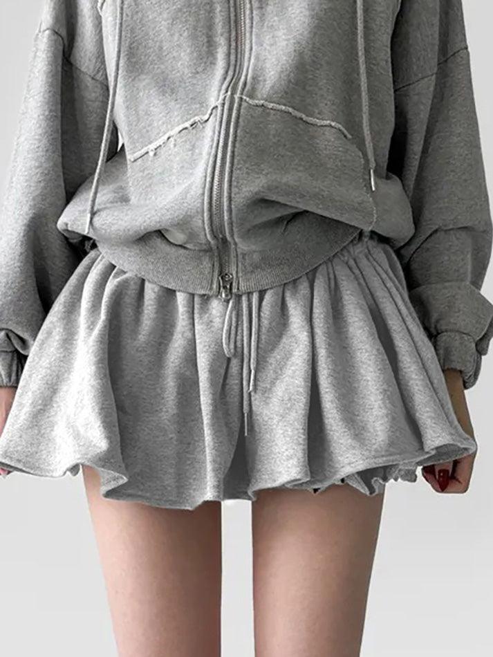 Basic Gray Drawstring Ruffle Trim Mini Skirt