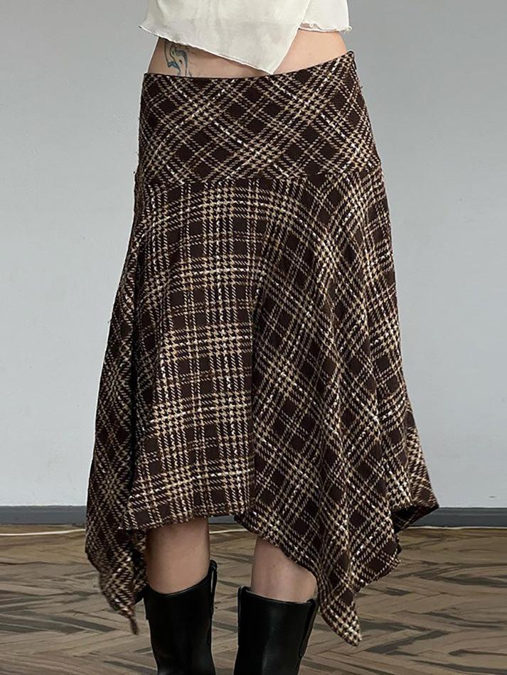 Vintage Plaid Contrast High-Waisted Asymmetrical Skirt