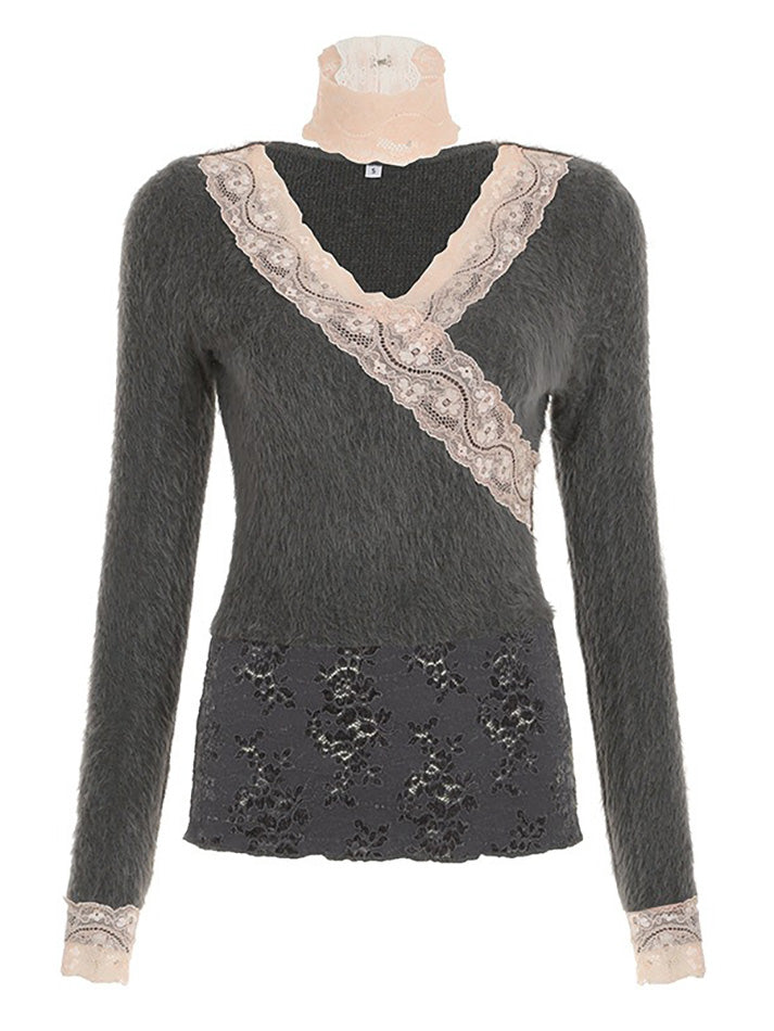 Lace Contrast V-Neck Long Sleeve Top