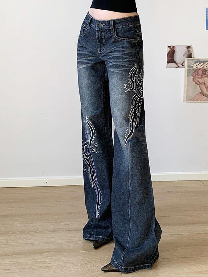 Embroidered Rhinestone Washed Low-Rise Flared Jeans