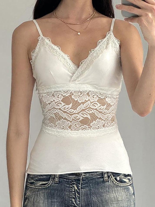 White Lace Knit V-Neck Cami Top