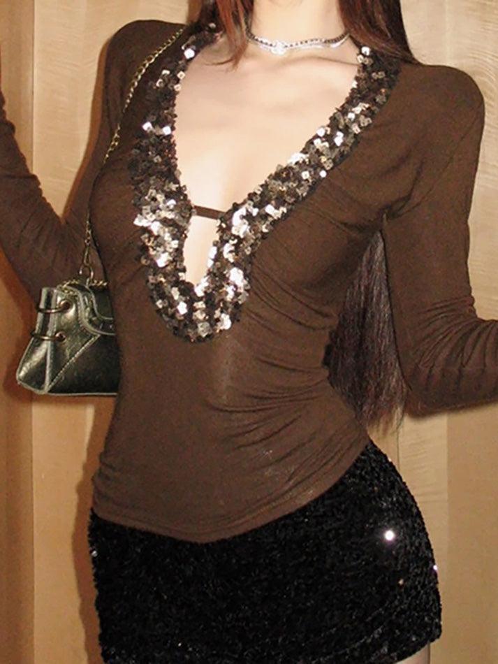 Sequin Deep V-Neck Contrast Top