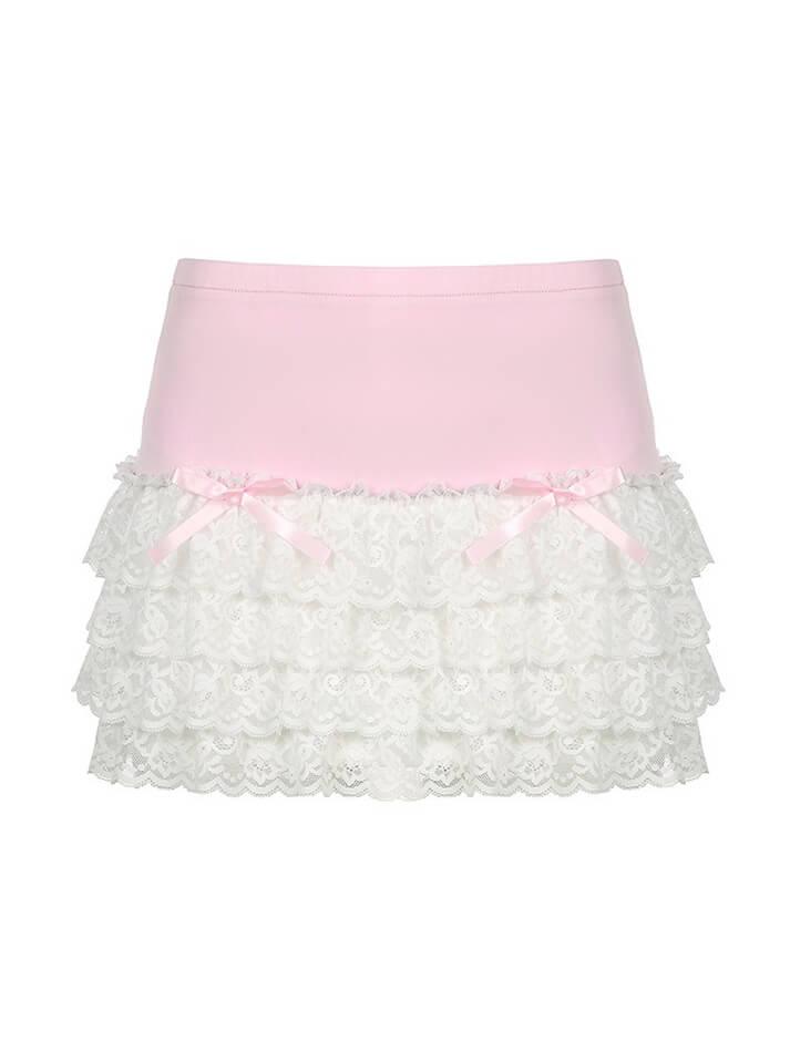 Bow Lace Patchwork Color Clash Skirt - AnotherChill