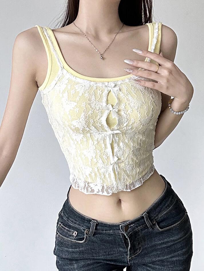 Lace Patchwork Yellow Bow Cami Tank Top - AnotherChill